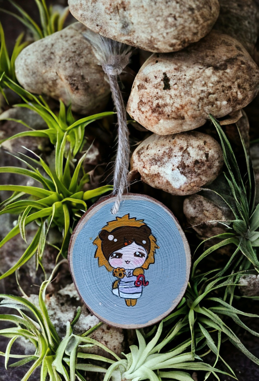 Emerald Blossoms - Hand painted Chibi Leo on Wood Slice