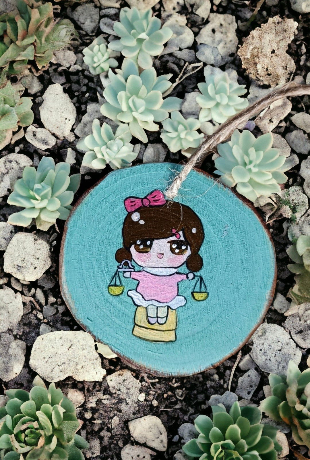 Emerald Blossoms - Hand painted Chibi Libra on Wood Slice