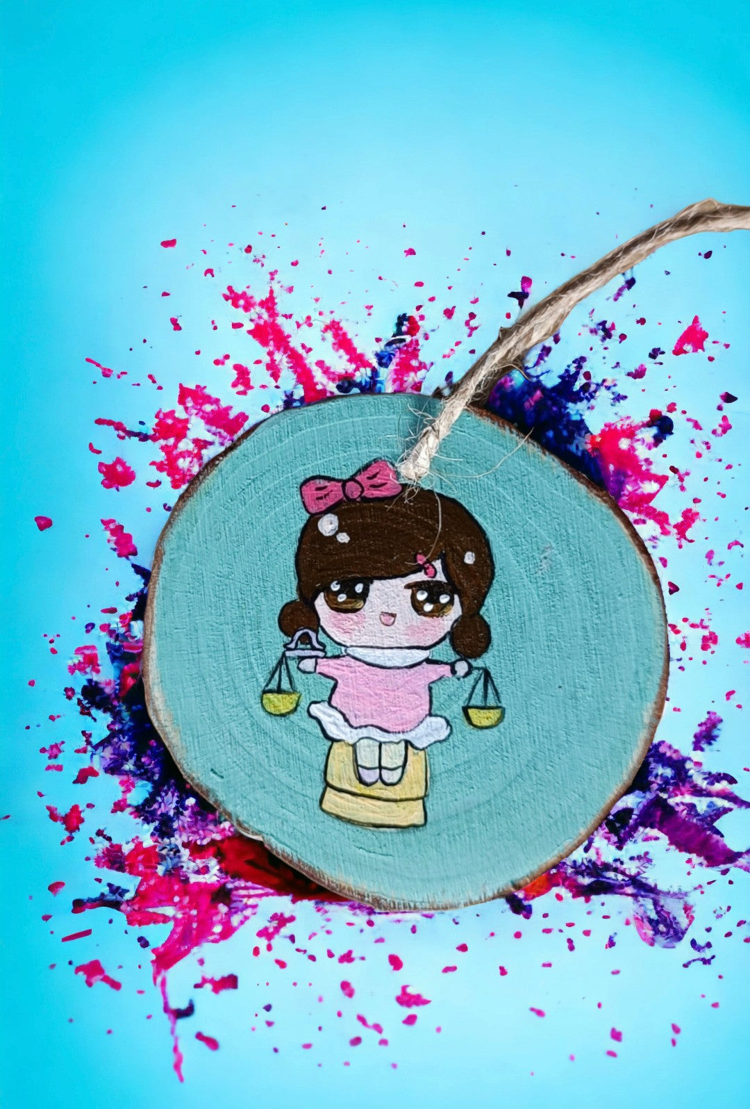 Emerald Blossoms - Hand painted Chibi Libra on Wood Slice