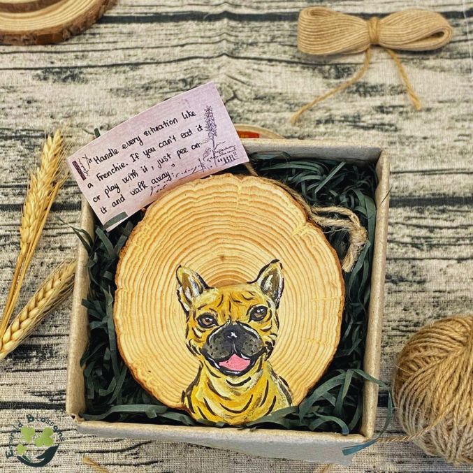 Emerald Blossoms - Hand painted French Bulldog on Wood Slice