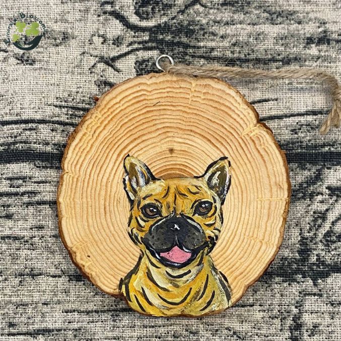 Emerald Blossoms - Hand painted French Bulldog on Wood Slice