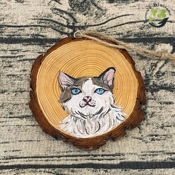 Emerald Blossoms - Hand painted Ragdoll on Wood Slice