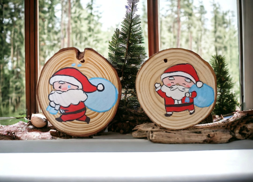 Emerald Blossoms - Hand painted Santa Claus on Wood Slice