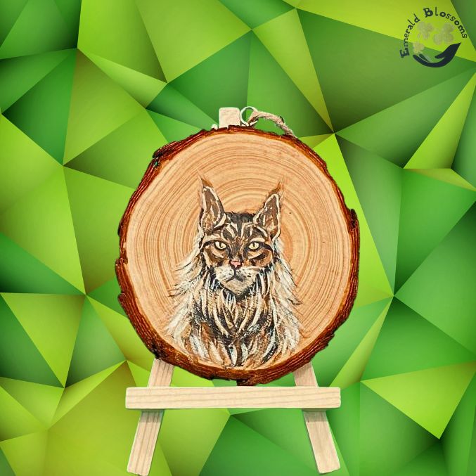 Emerald Blossoms - Hand painted Siberian Cats on Wood Slice