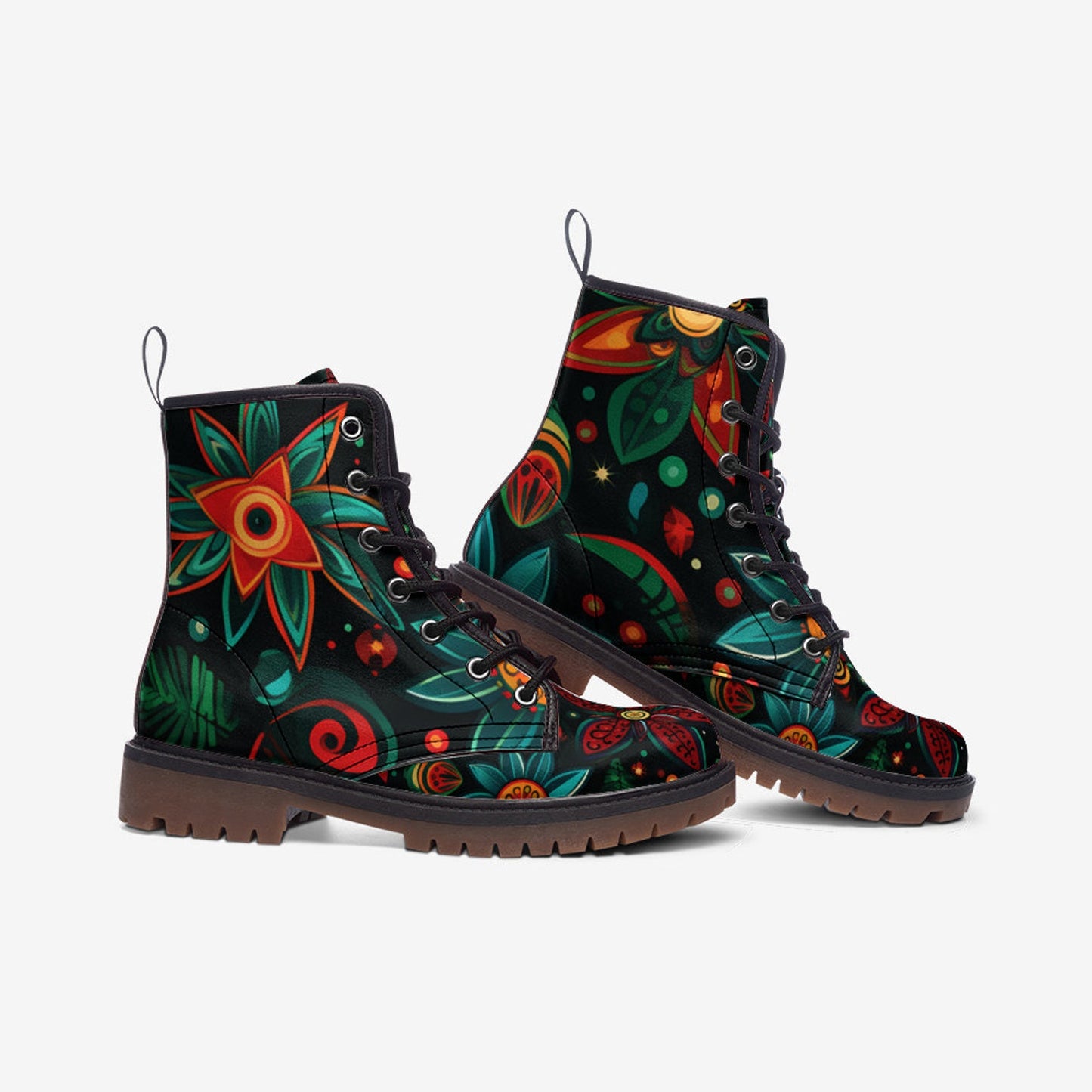 Emerald Blossoms - Hippie Flower Painted Shoes, Floral Spring Summer Fall Winter Light Leather Boots For Hippies