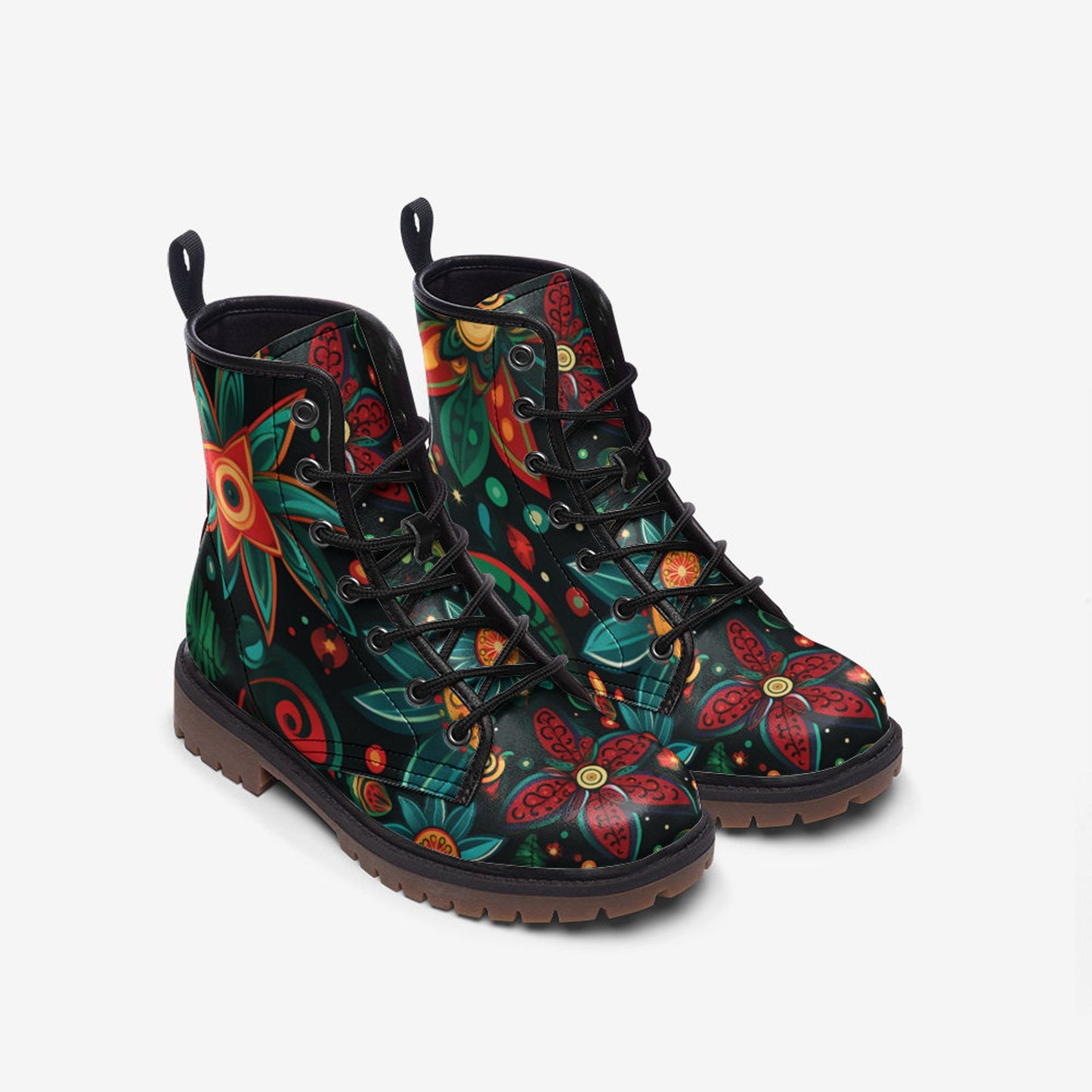 Emerald Blossoms - Hippie Flower Painted Shoes, Floral Spring Summer Fall Winter Light Leather Boots For Hippies