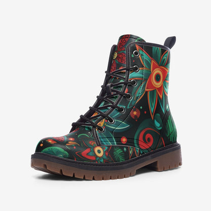 Emerald Blossoms - Hippie Flower Painted Shoes, Floral Spring Summer Fall Winter Light Leather Boots For Hippies