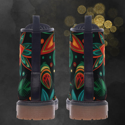 Emerald Blossoms - Hippie Flower Painted Shoes, Floral Spring Summer Fall Winter Light Leather Boots For Hippies