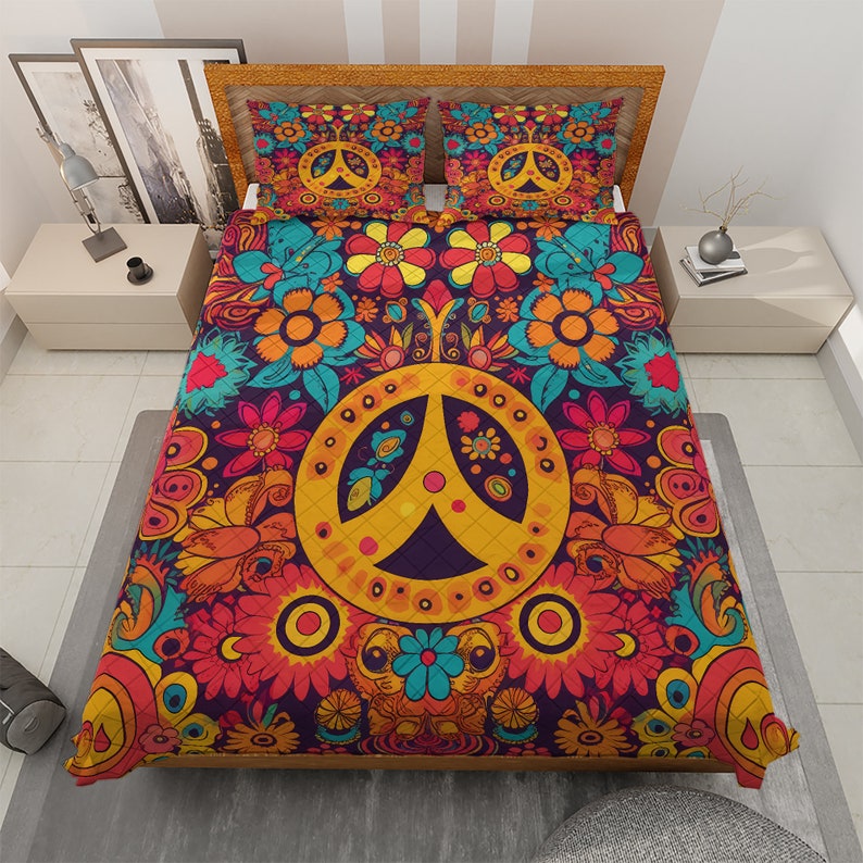 Emerald Blossoms - Hippie Style Sunflower Peace Bedding Set