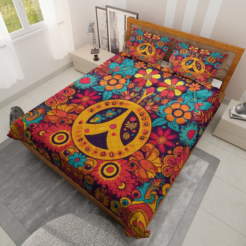 Emerald Blossoms - Hippie Style Sunflower Peace Bedding Set