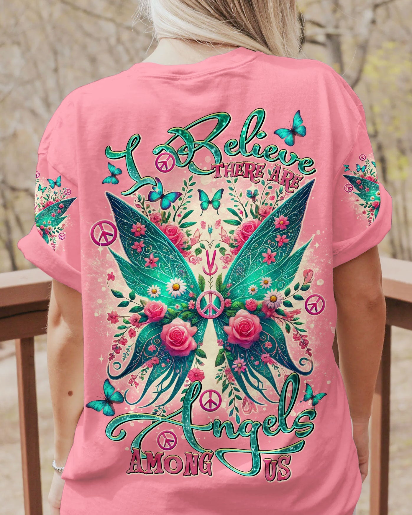 Emerald Blossoms - "I Believe There Are Angels Among Us" Wings All Over Print Shirt For Hippies