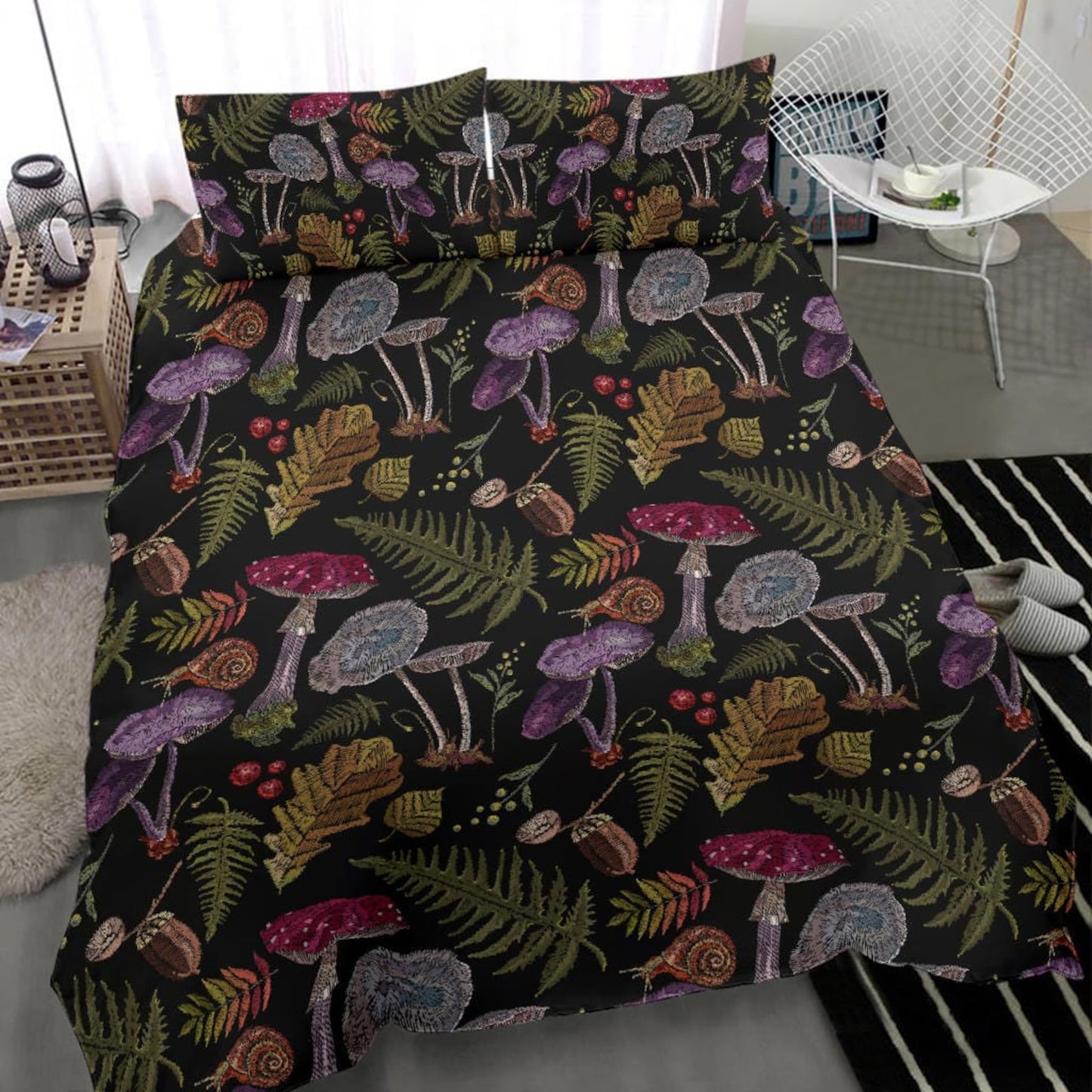 Mushroom Bedding, Dark Cottagecore Quilt Bedding Set For Hippies