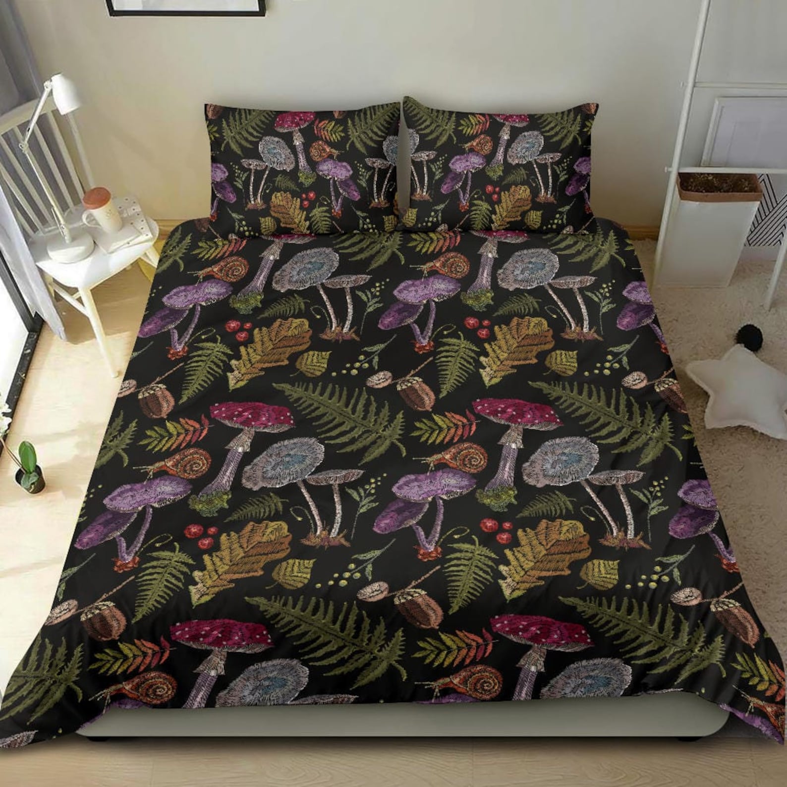 Mushroom Bedding, Dark Cottagecore Quilt Bedding Set For Hippies