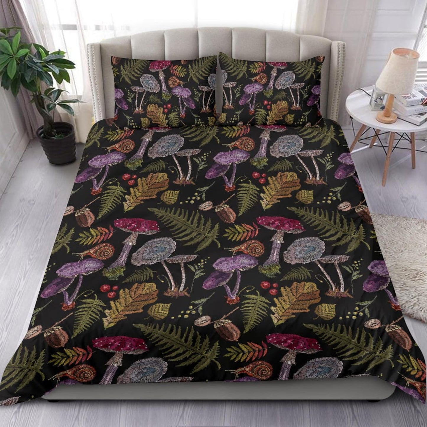 Mushroom Bedding, Dark Cottagecore Quilt Bedding Set For Hippies