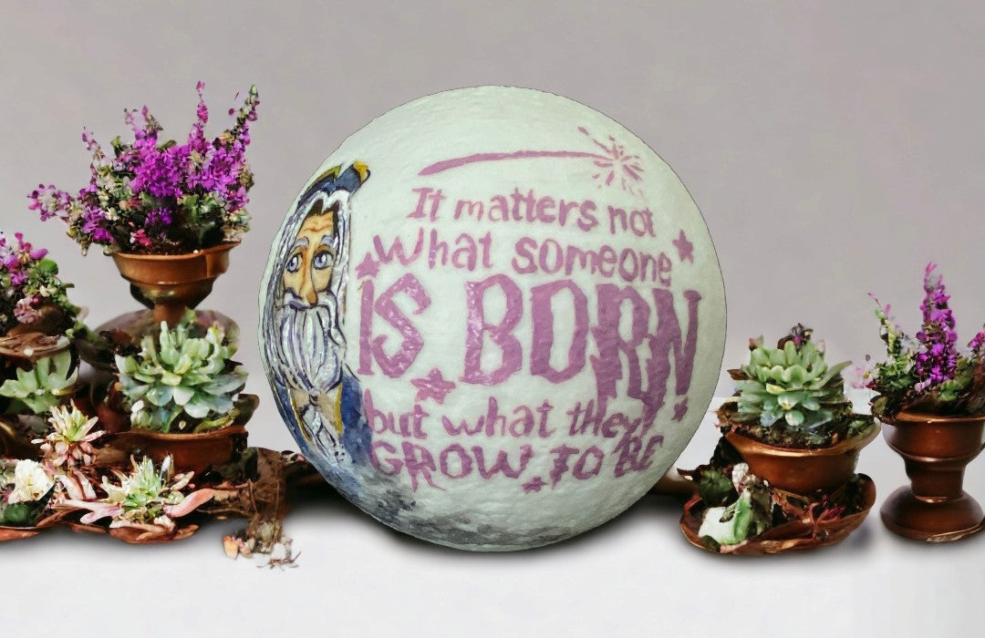 Emerald Blossoms - &quot;It matters not what someone is born, but what they grow to be.&quot; hand painted on moon lamp