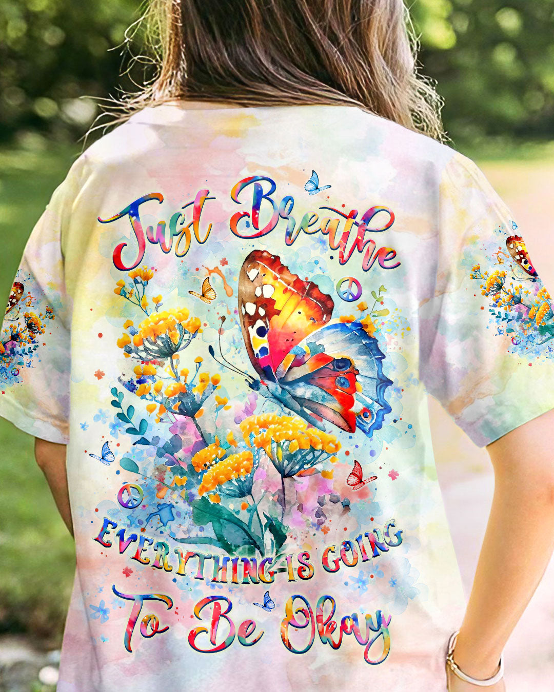 Emerald Blossoms - "Just Breathe" Butterfly All Over Print shirt For Hippies