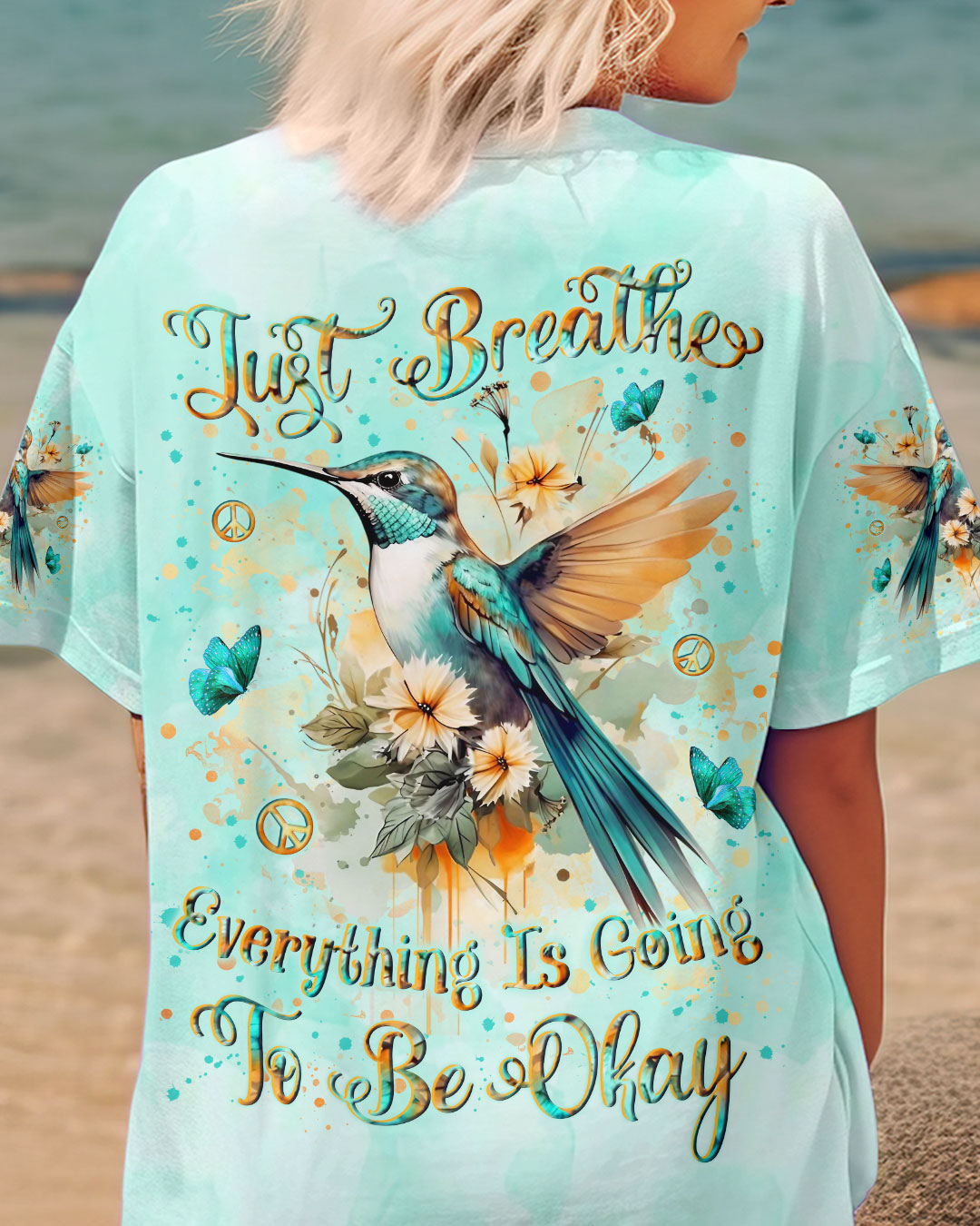 Emerald Blossoms - "Just Breathe" Butterfly All Over Print Shirt For Hippies