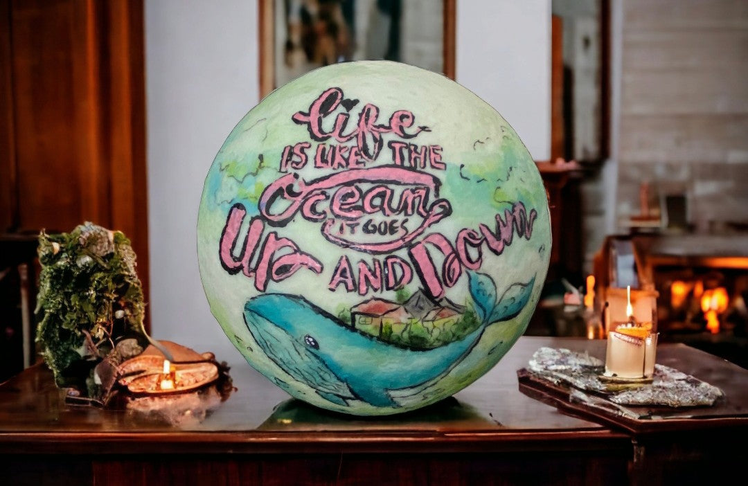 Emerald Blossoms - &quot;Life is like the Ocean, it goes up and down.&quot; hand painted on moon lamp
