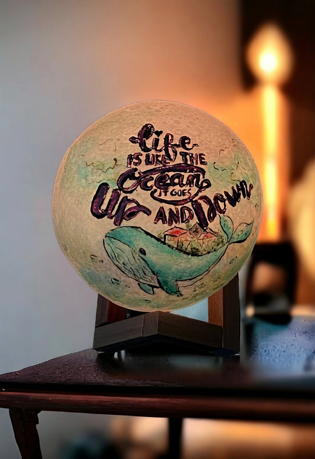 Emerald Blossoms - &quot;Life is like the Ocean, it goes up and down.&quot; hand painted on moon lamp