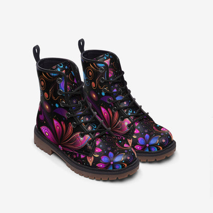 Emerald Blossoms - Neon Airbrush Flowers Painted Vegan Leather Combat Boots For Hippies