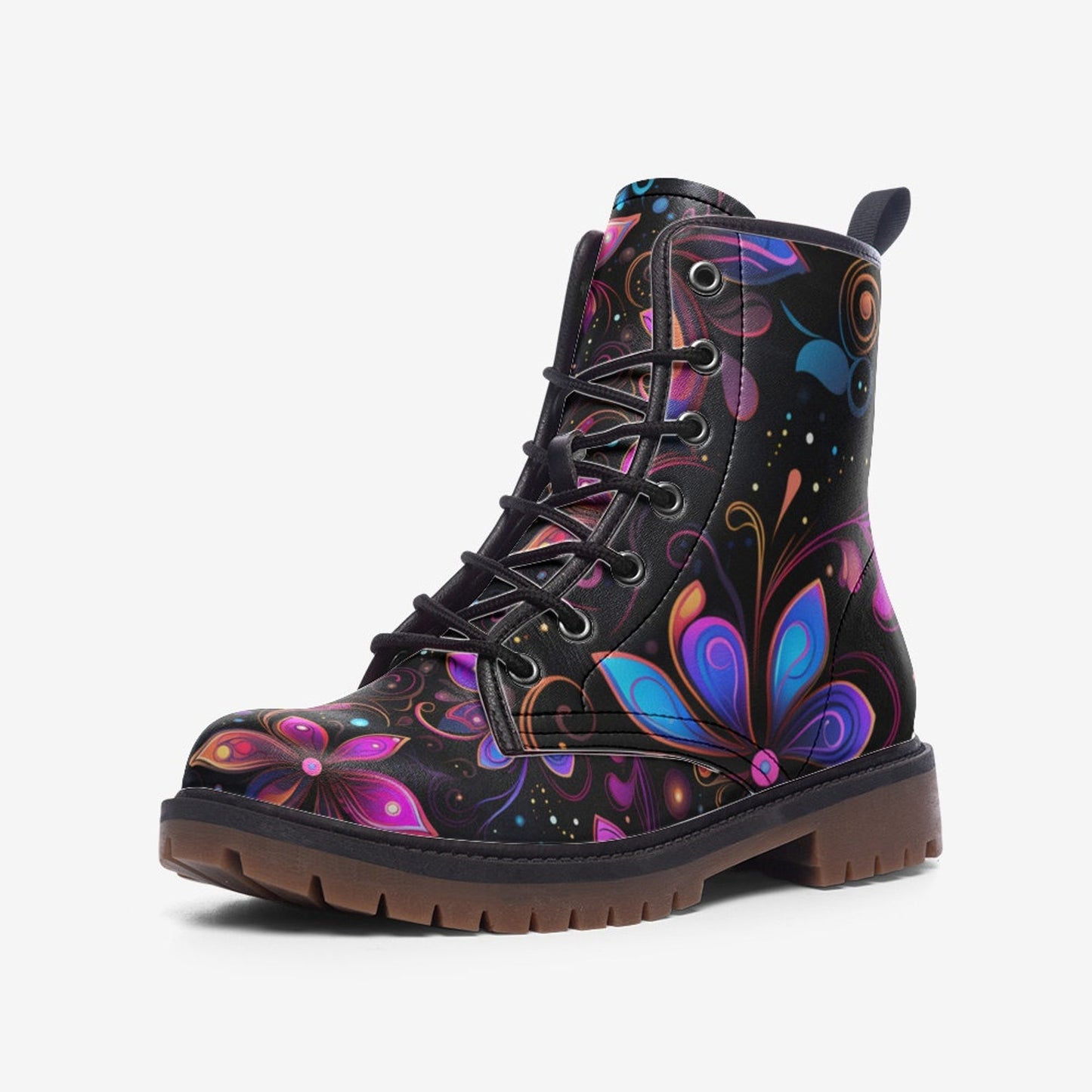 Emerald Blossoms - Neon Airbrush Flowers Painted Vegan Leather Combat Boots For Hippies