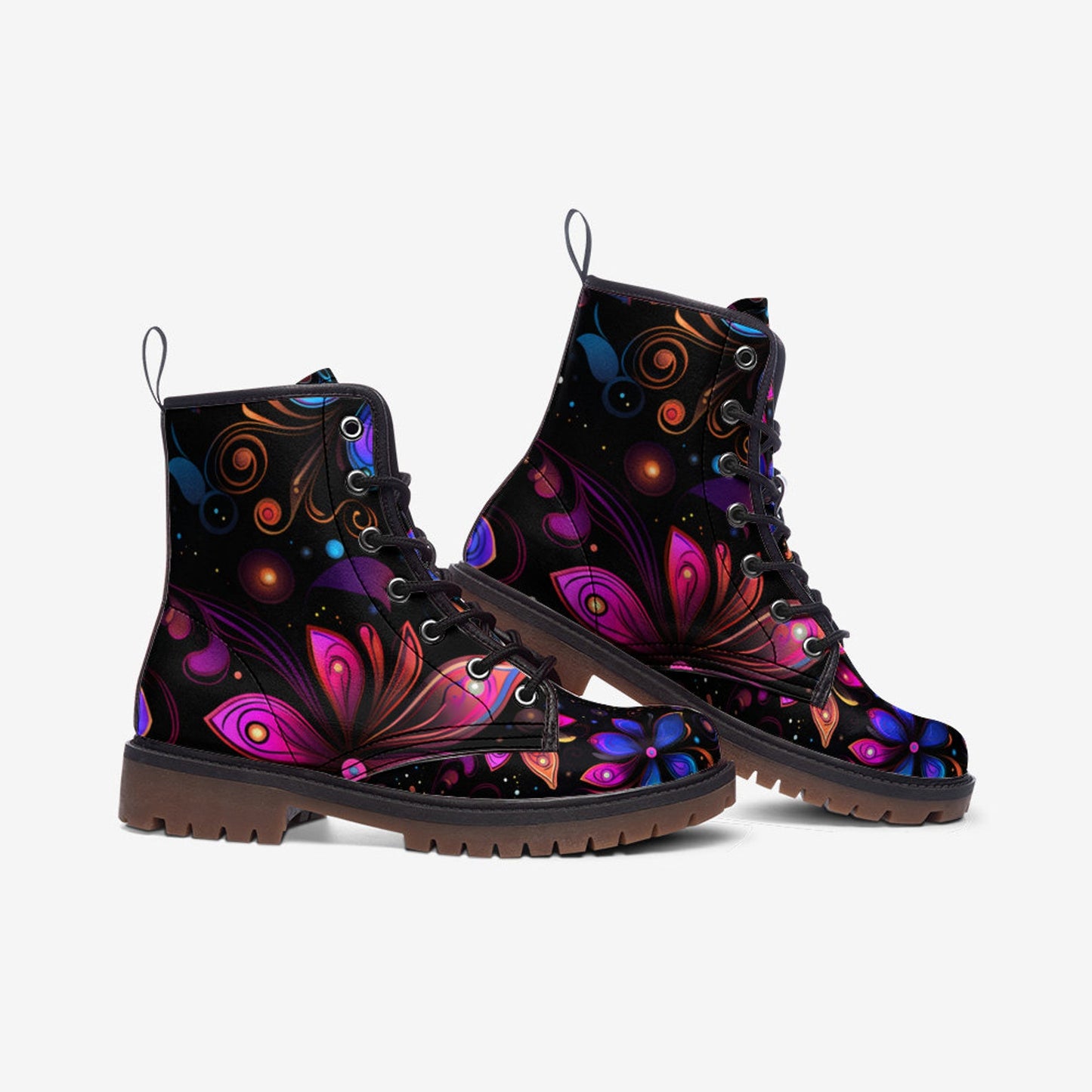 Emerald Blossoms - Neon Airbrush Flowers Painted Vegan Leather Combat Boots For Hippies