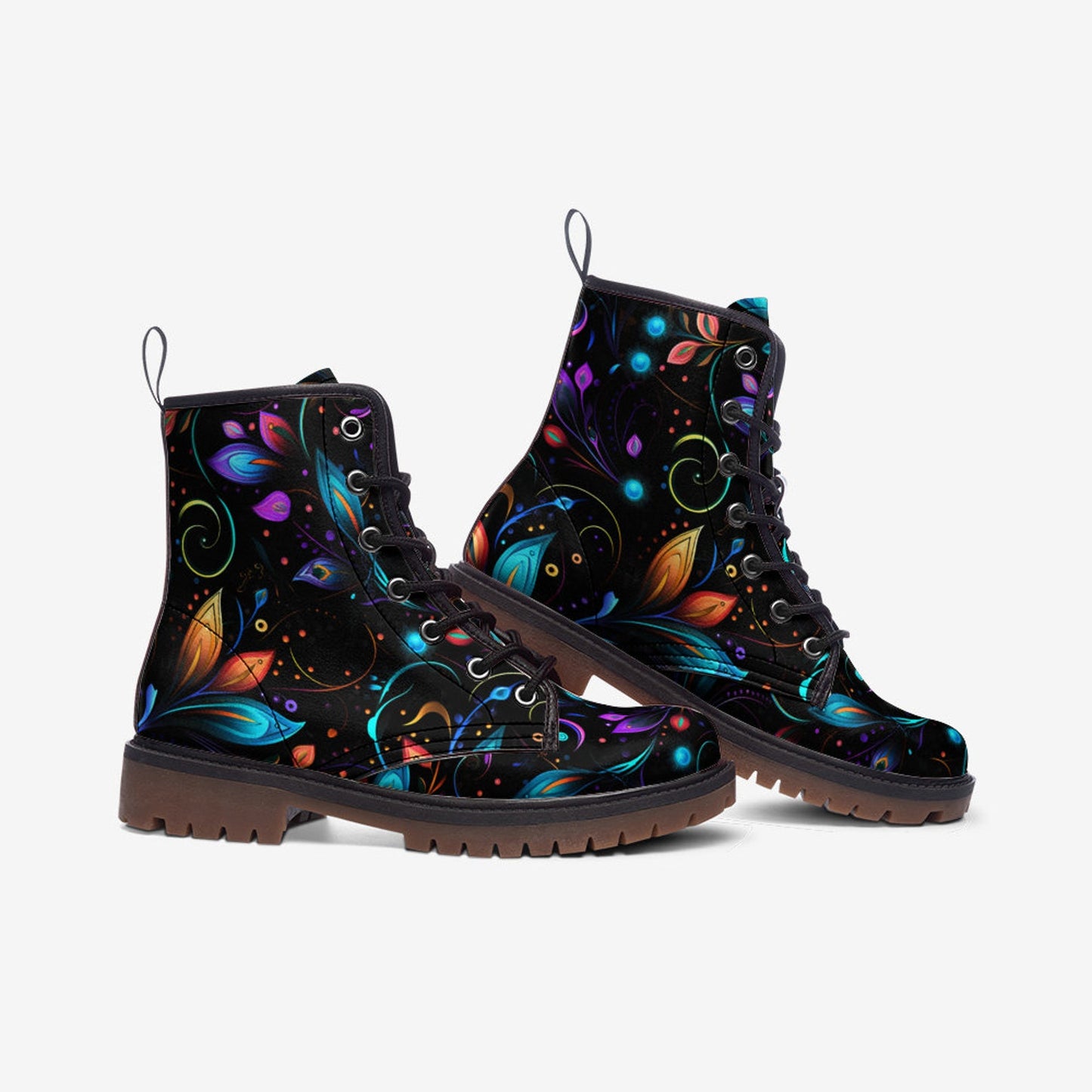 Emerald Blossoms - Neon Fantasy Leaves Painted Vegan Leather Combat Boots For Hippies