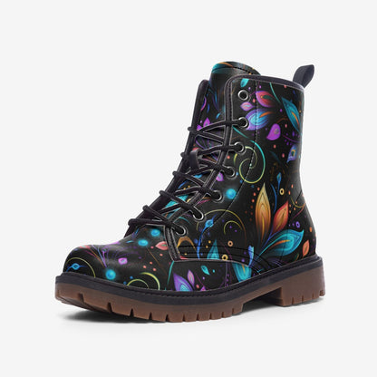 Emerald Blossoms - Neon Fantasy Leaves Painted Vegan Leather Combat Boots For Hippies