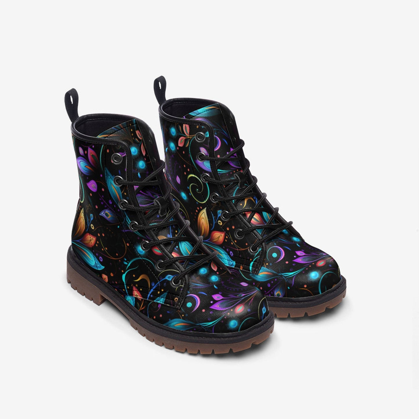 Emerald Blossoms - Neon Fantasy Leaves Painted Vegan Leather Combat Boots For Hippies