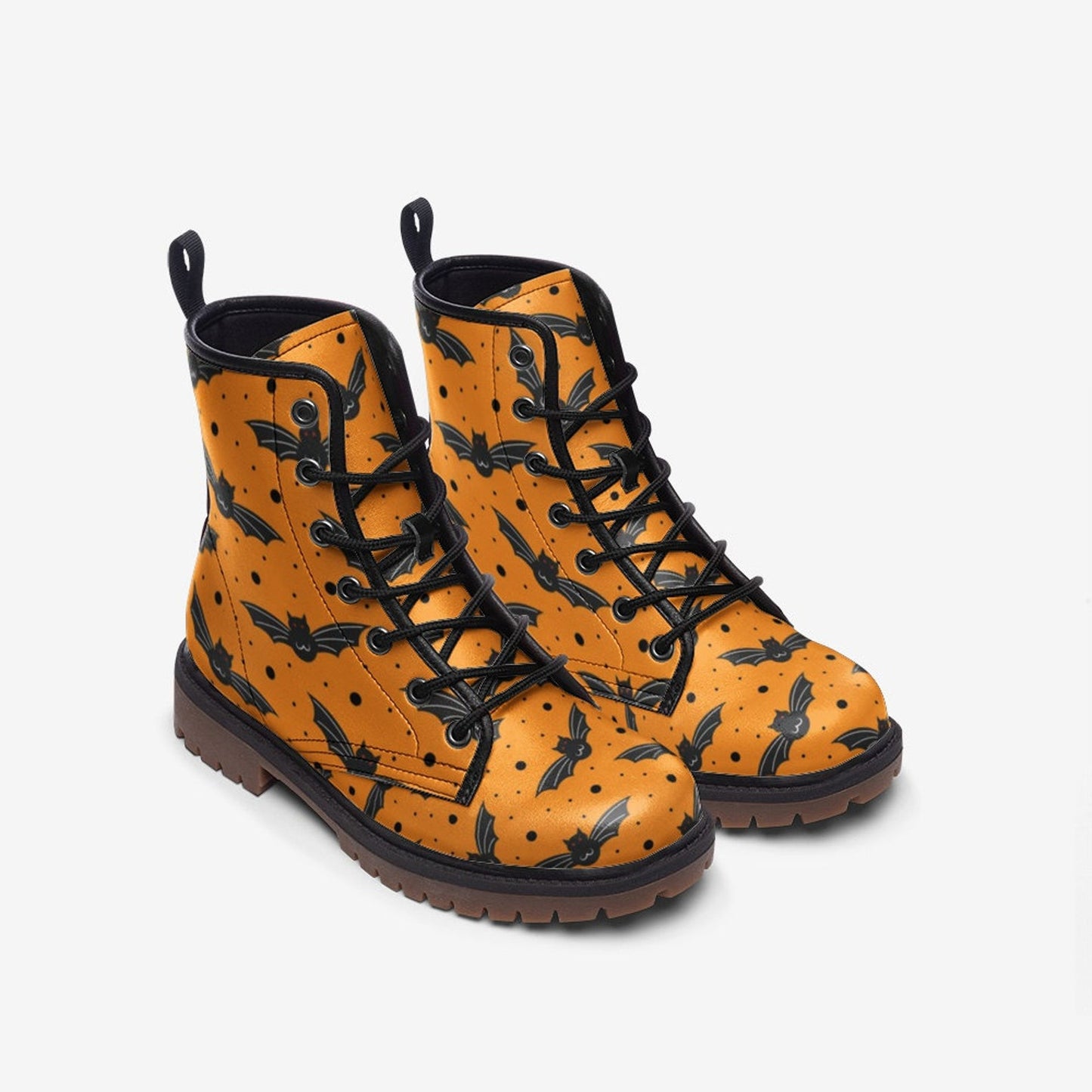 Emerald Blossoms - Orange Bat Boots, Orange Combat Boots With Black Bats Ankle Boots For Hippies