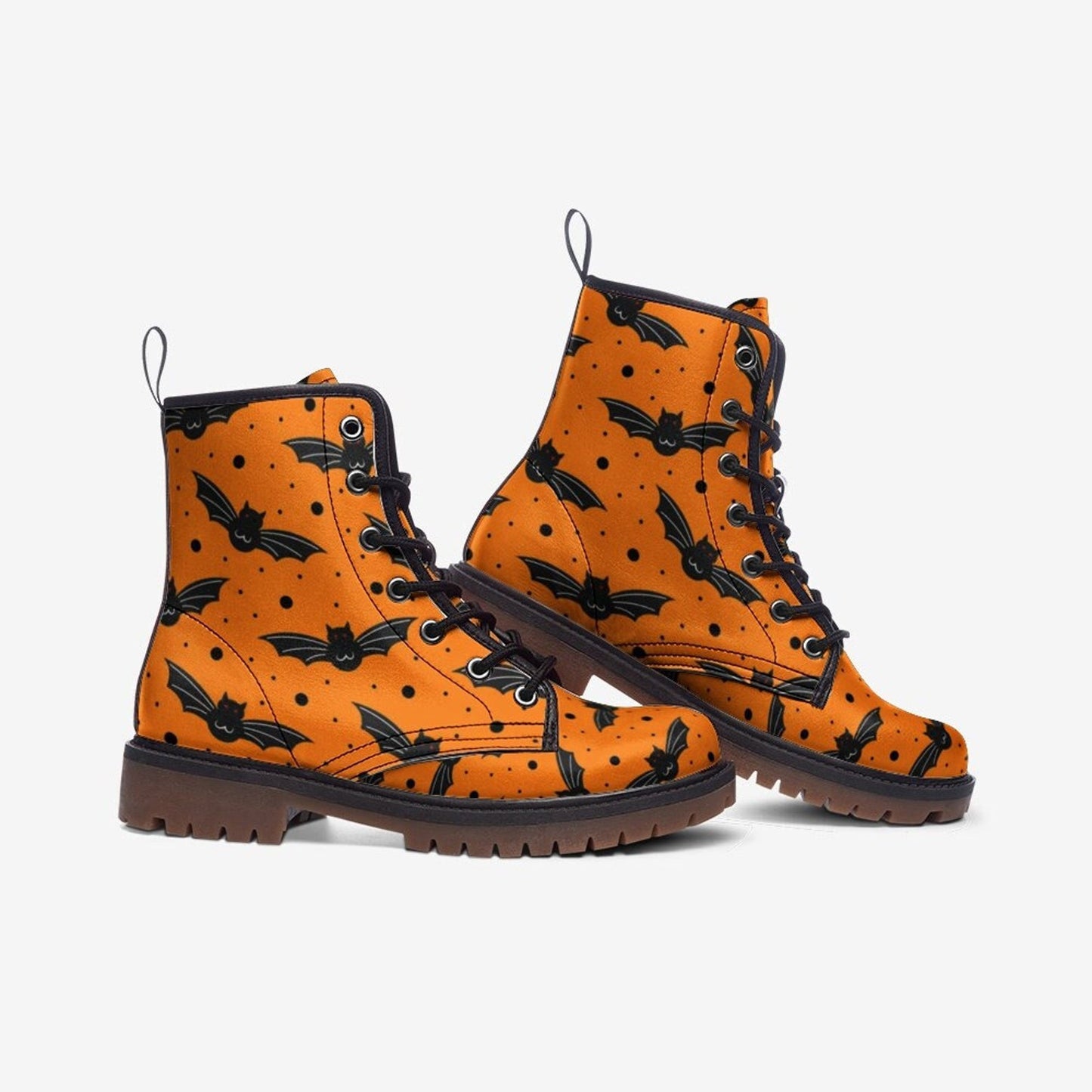 Emerald Blossoms - Orange Bat Boots, Orange Combat Boots With Black Bats Ankle Boots For Hippies