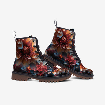 Emerald Blossoms - Orange Dahlia Casual Faux Leather Lightweight Boots | Unique Boots For Hippies