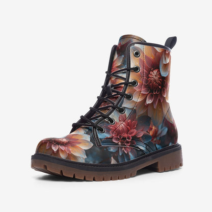 Emerald Blossoms - Orange Dahlia Casual Faux Leather Lightweight Boots | Unique Boots For Hippies