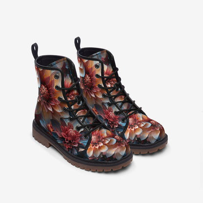 Emerald Blossoms - Orange Dahlia Casual Faux Leather Lightweight Boots | Unique Boots For Hippies