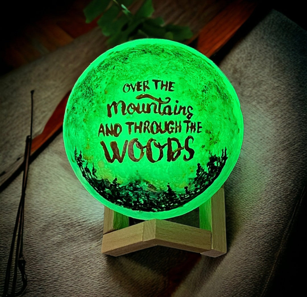 Emerald Blossoms - &quot;Over the mountains and through the woods.&quot; hand painted on moon lamp