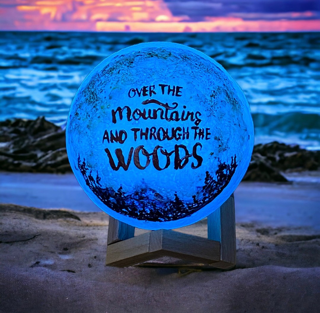 Emerald Blossoms - &quot;Over the mountains and through the woods.&quot; hand painted on moon lamp