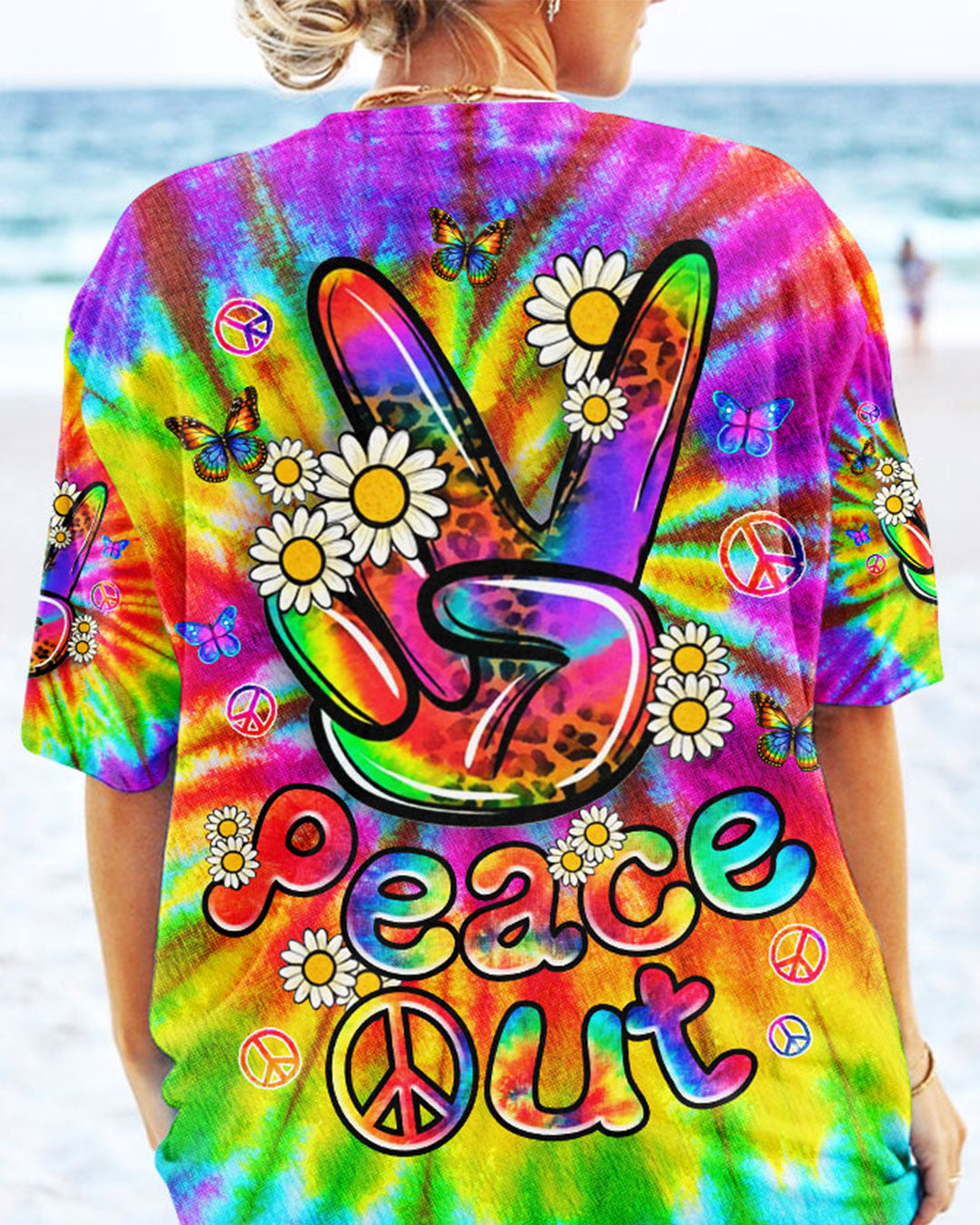 Emerald Blossoms - "Peace Out" Tie Dye All Over Print Shirt For Hippies