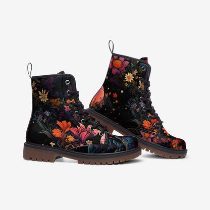 Emerald Blossoms - Pink Moon Fantasy Garden Vegan Leather Combat Boots For Hippies