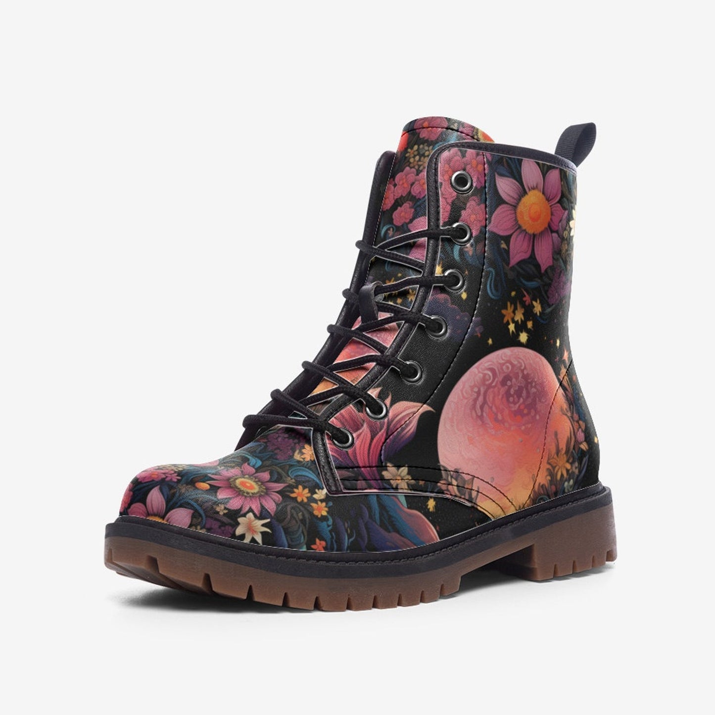 Emerald Blossoms - Pink Moon Fantasy Garden Vegan Leather Combat Boots For Hippies