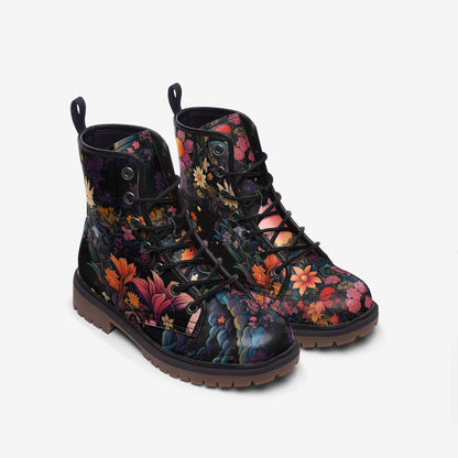 Emerald Blossoms - Pink Moon Fantasy Garden Vegan Leather Combat Boots For Hippies