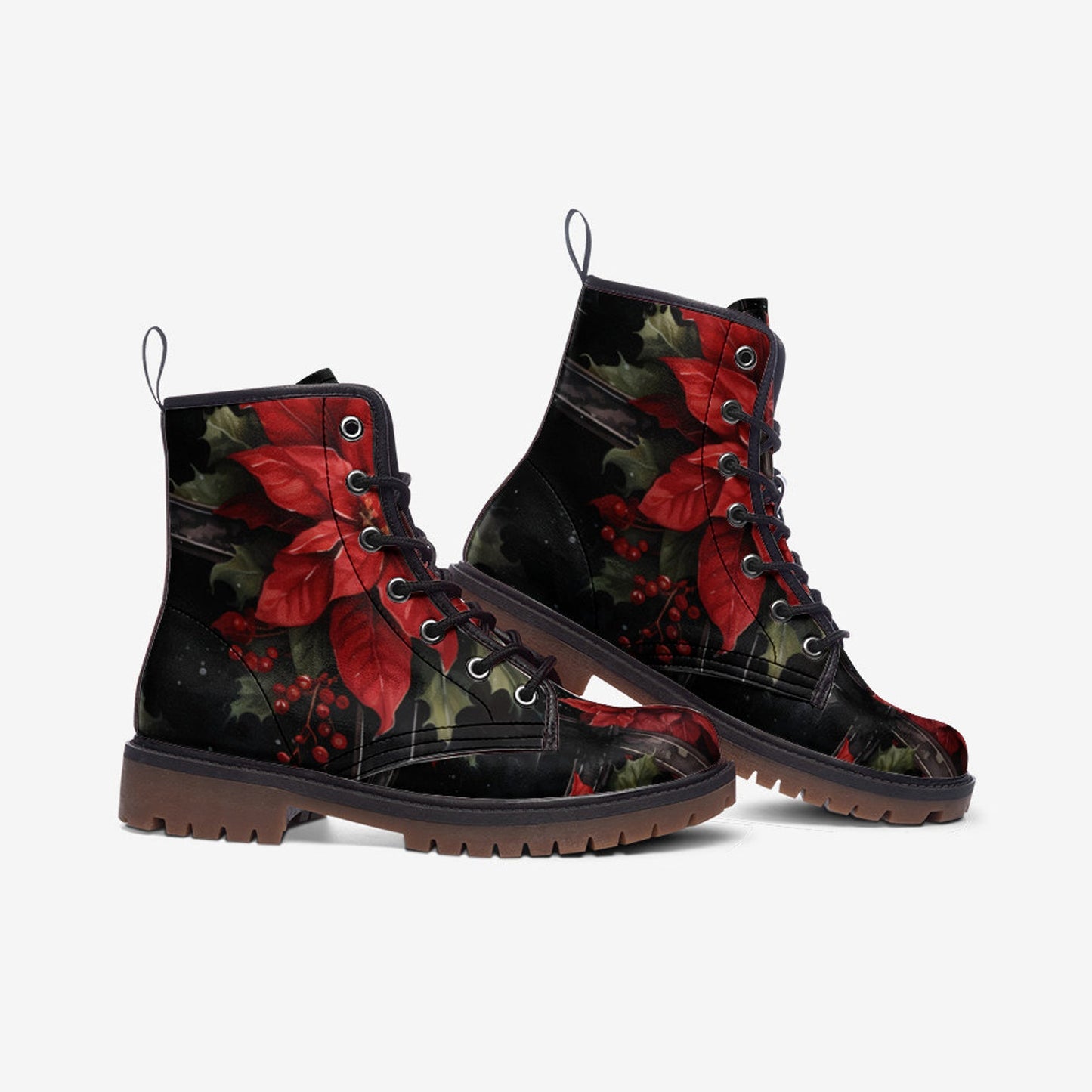 Emerald Blossoms - Poinsettia Flower Light Leather Boots For Hippies