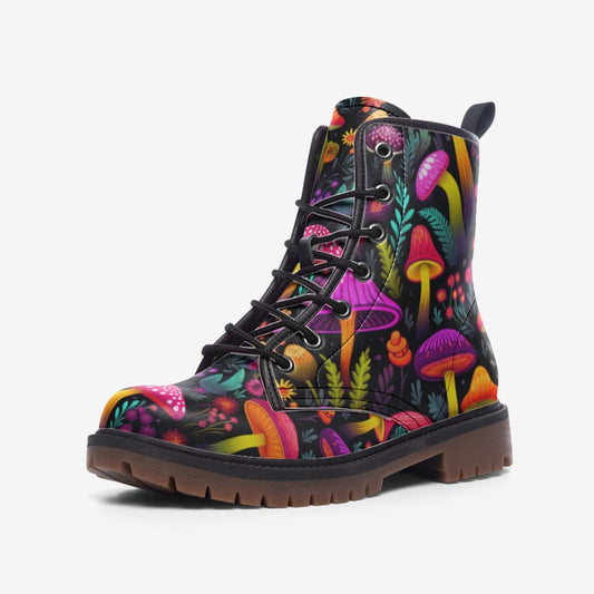 Emerald Blossoms - Psychedelic Mushrooms Vegan Leather Combat Boots For Hippies