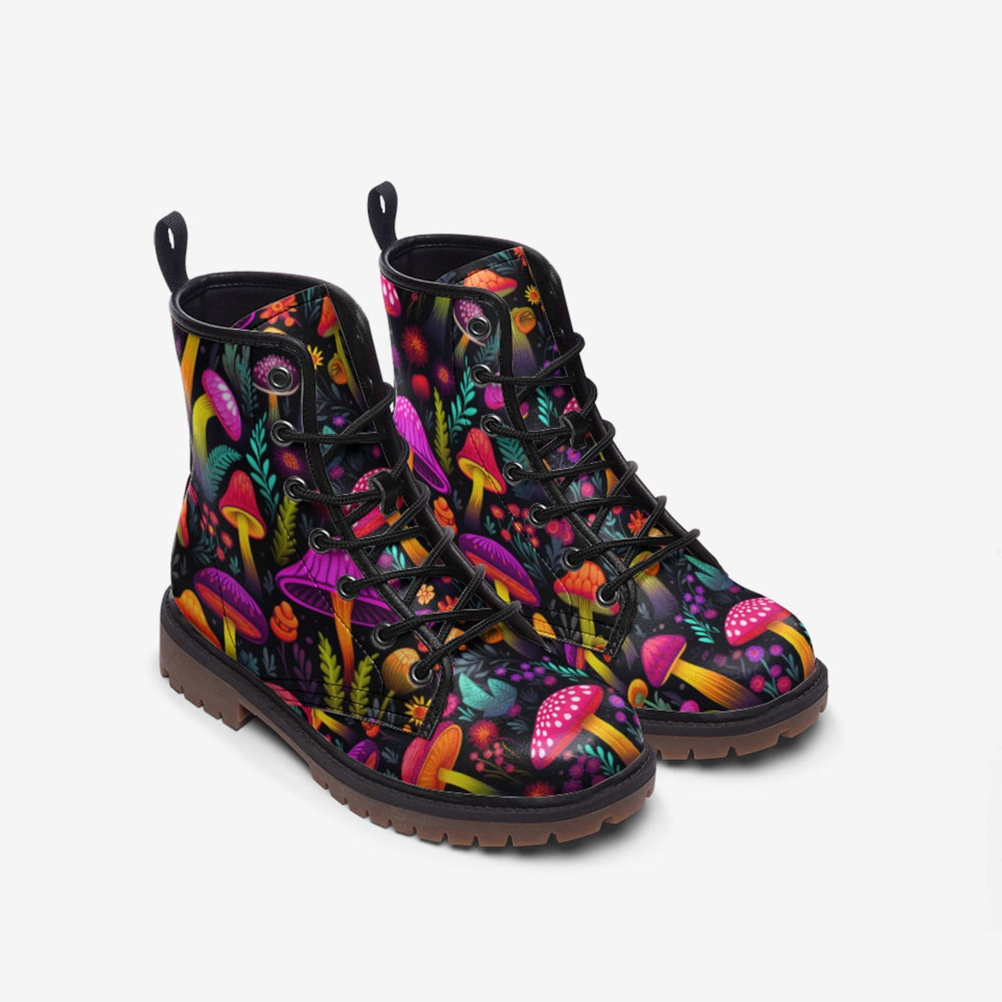 Emerald Blossoms - Psychedelic Mushrooms Vegan Leather Combat Boots For Hippies