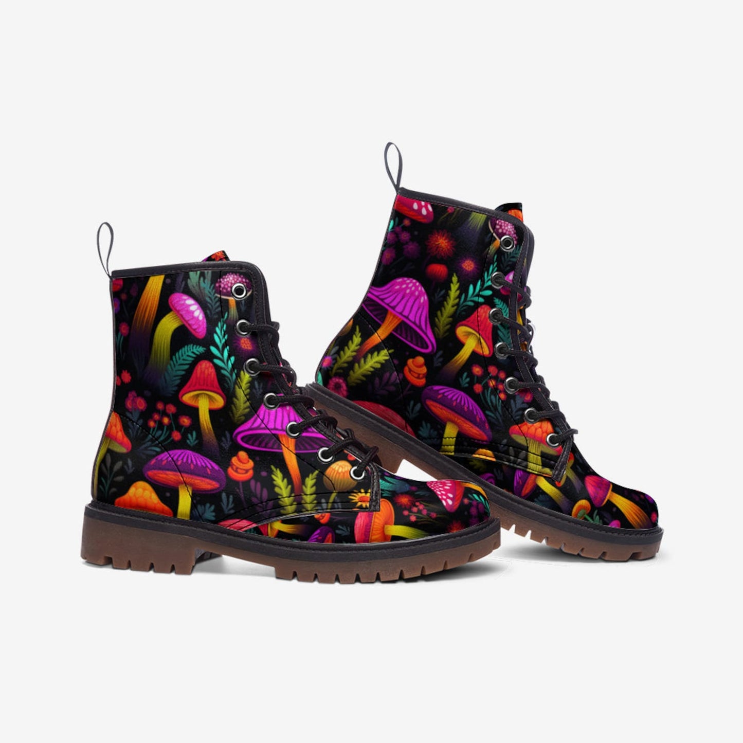 Emerald Blossoms - Psychedelic Mushrooms Vegan Leather Combat Boots For Hippies