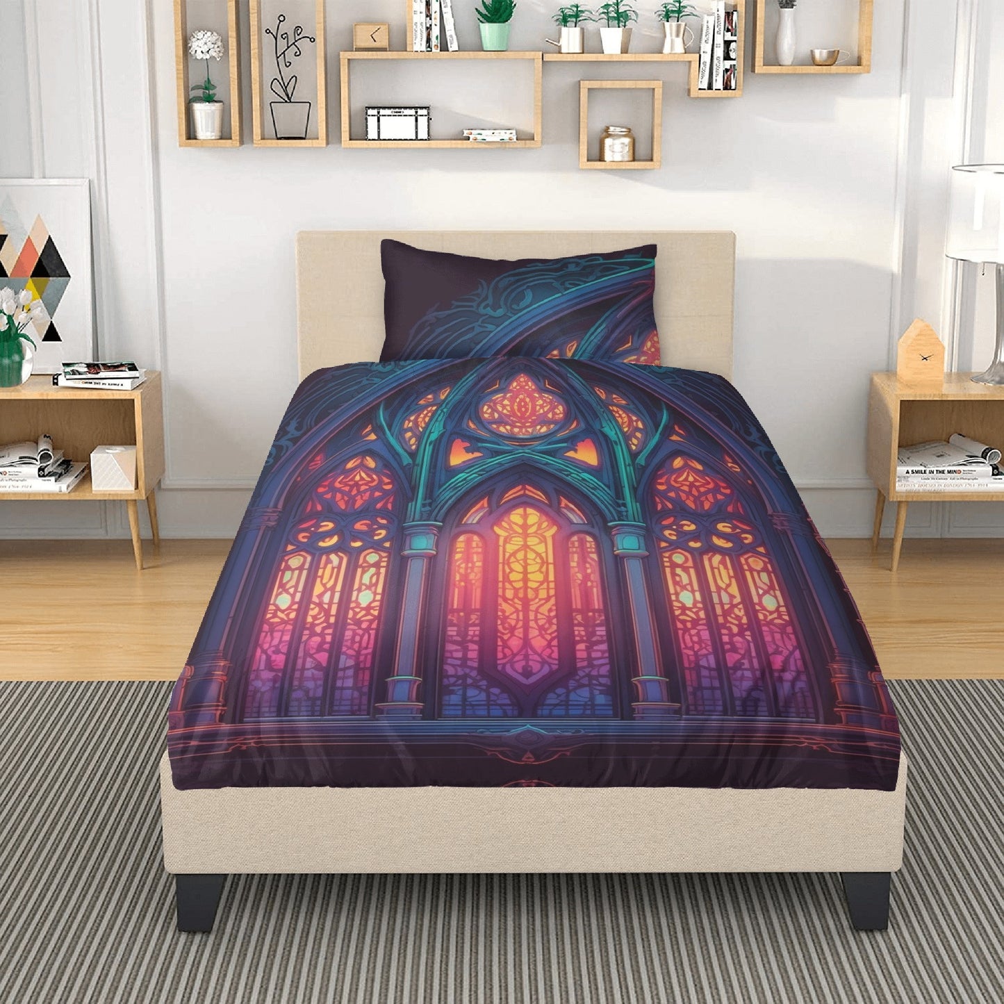 Purple Stained Glass, Dark Academia Window Bedding Set For Hippies