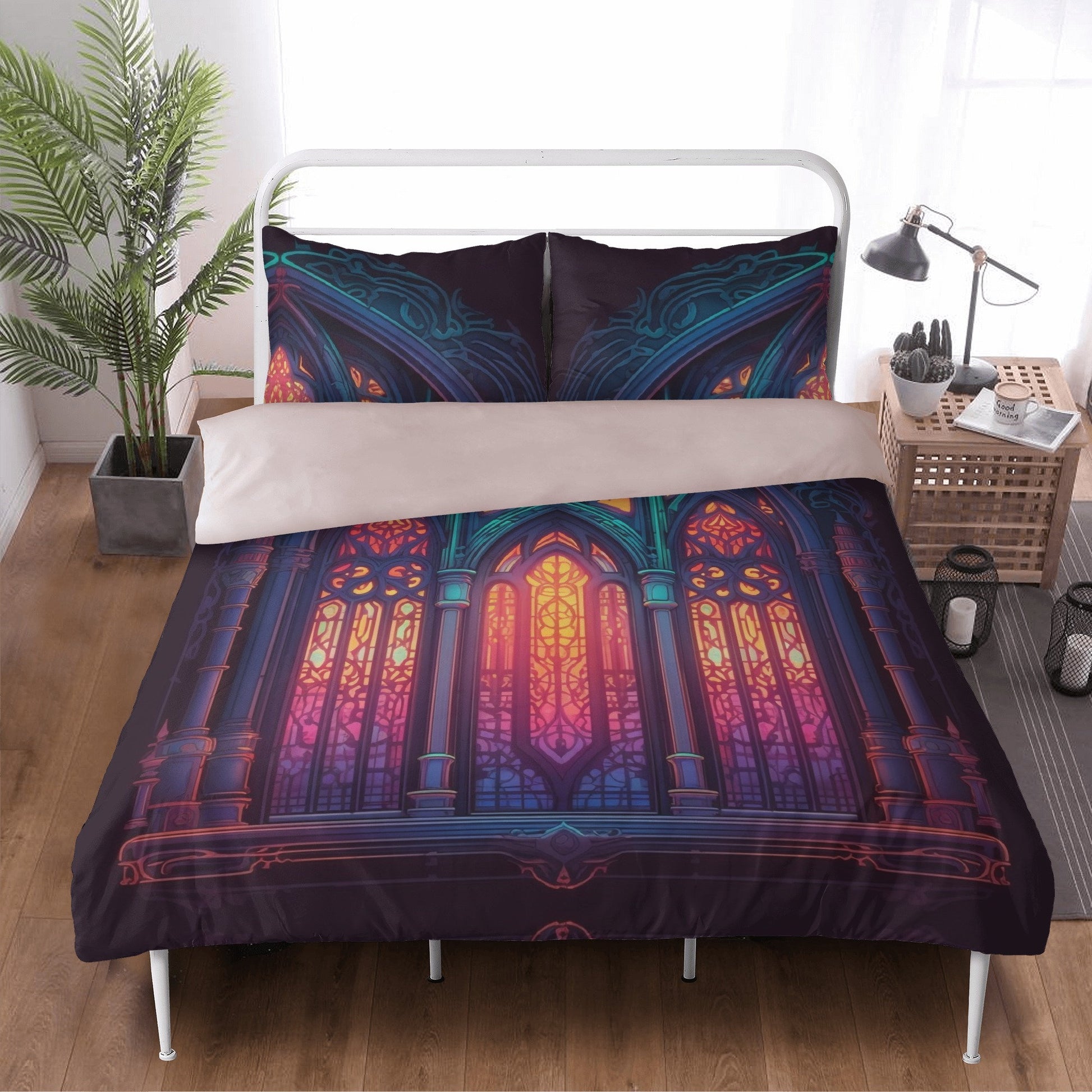 Purple Stained Glass, Dark Academia Window Bedding Set For Hippies