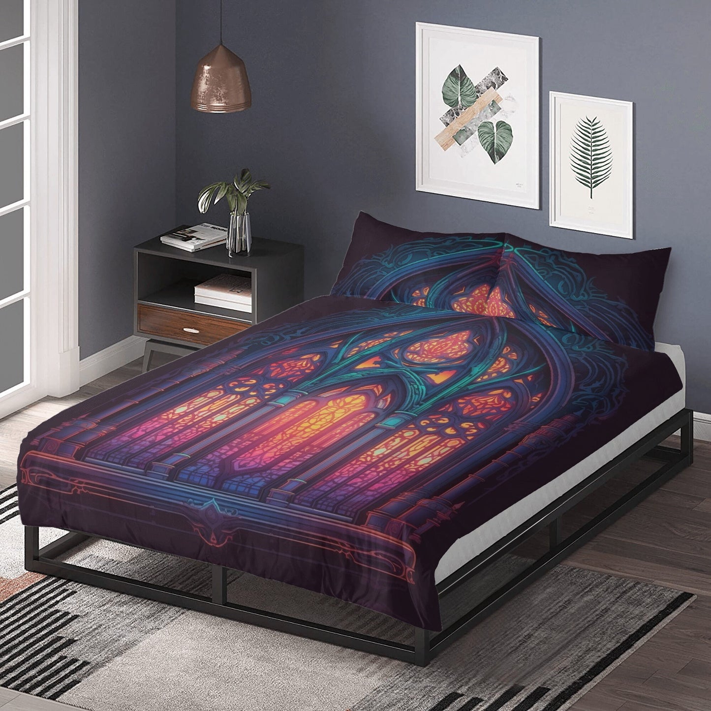 Purple Stained Glass, Dark Academia Window Bedding Set For Hippies