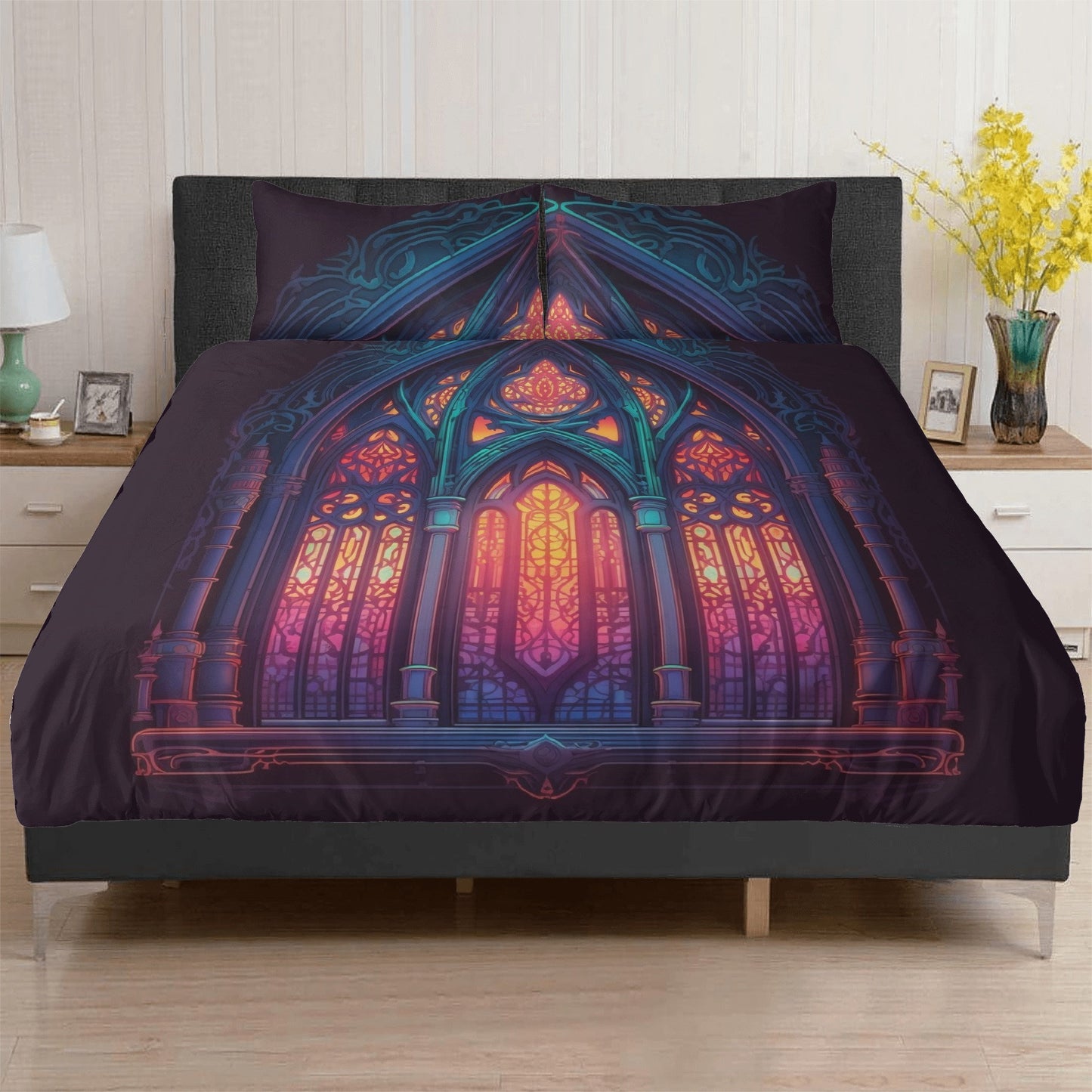 Purple Stained Glass, Dark Academia Window Bedding Set For Hippies