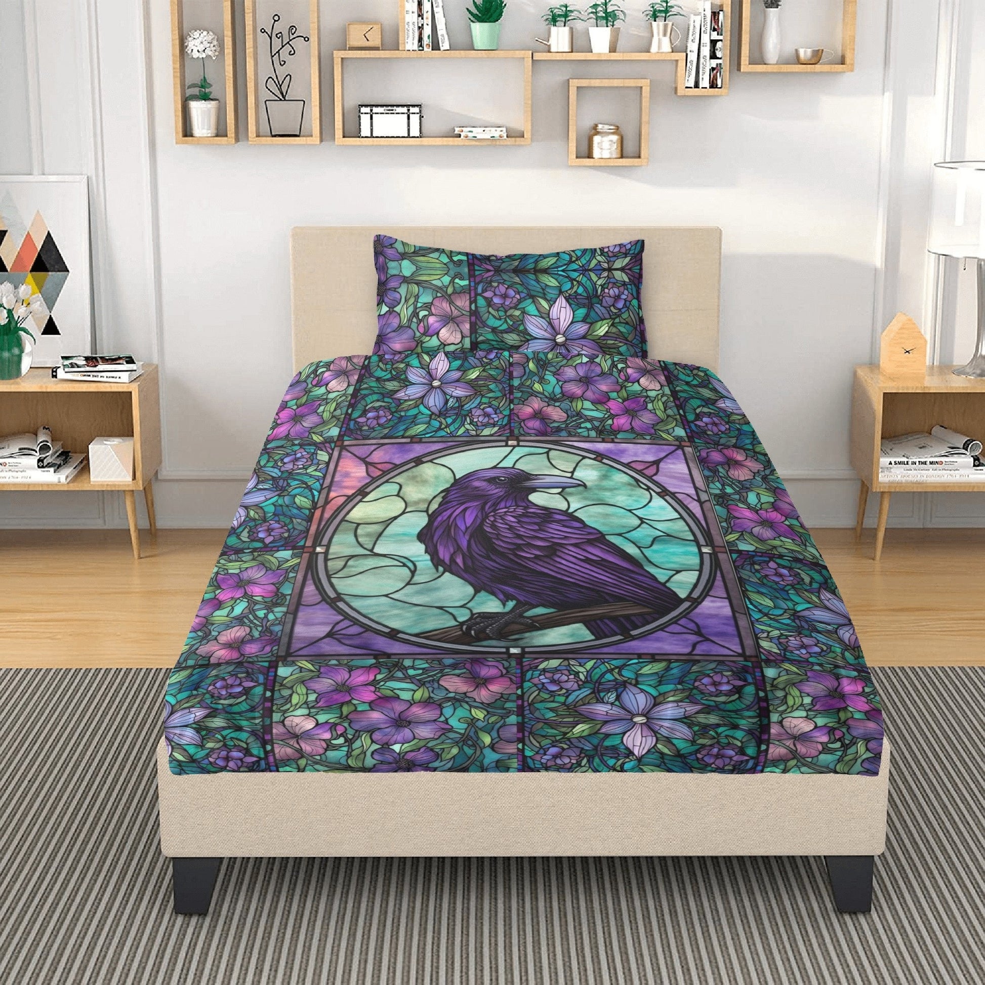 Purple Stained Glass, Moth Raven Bedding Set For Hippies