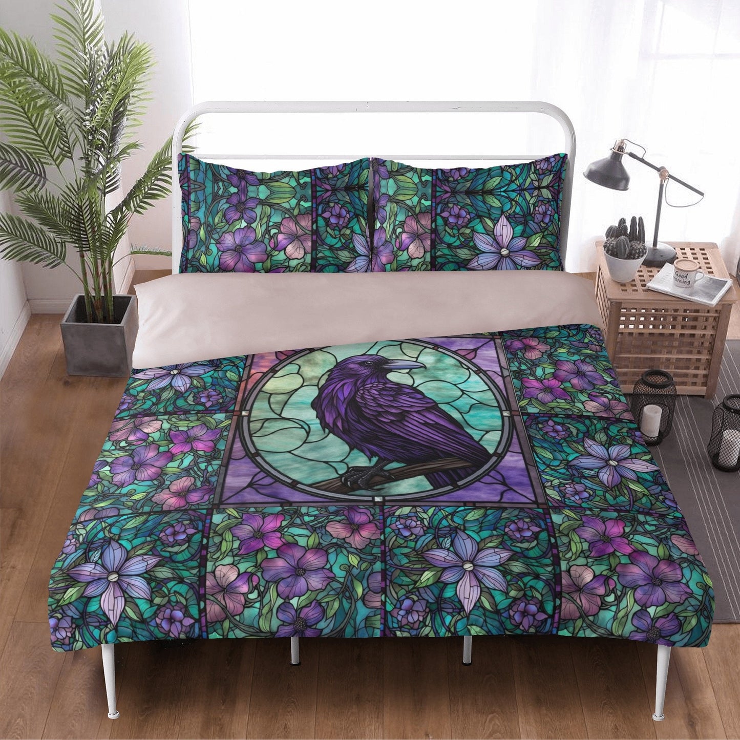 Purple Stained Glass, Moth Raven Bedding Set For Hippies